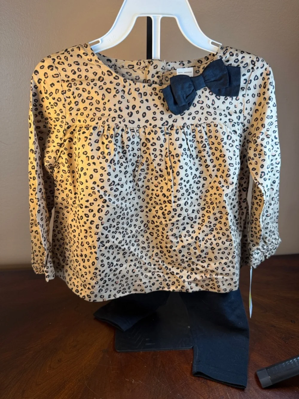Carter's Tan Leopard Print Long Sleeve Top with Navy Bow Accent
